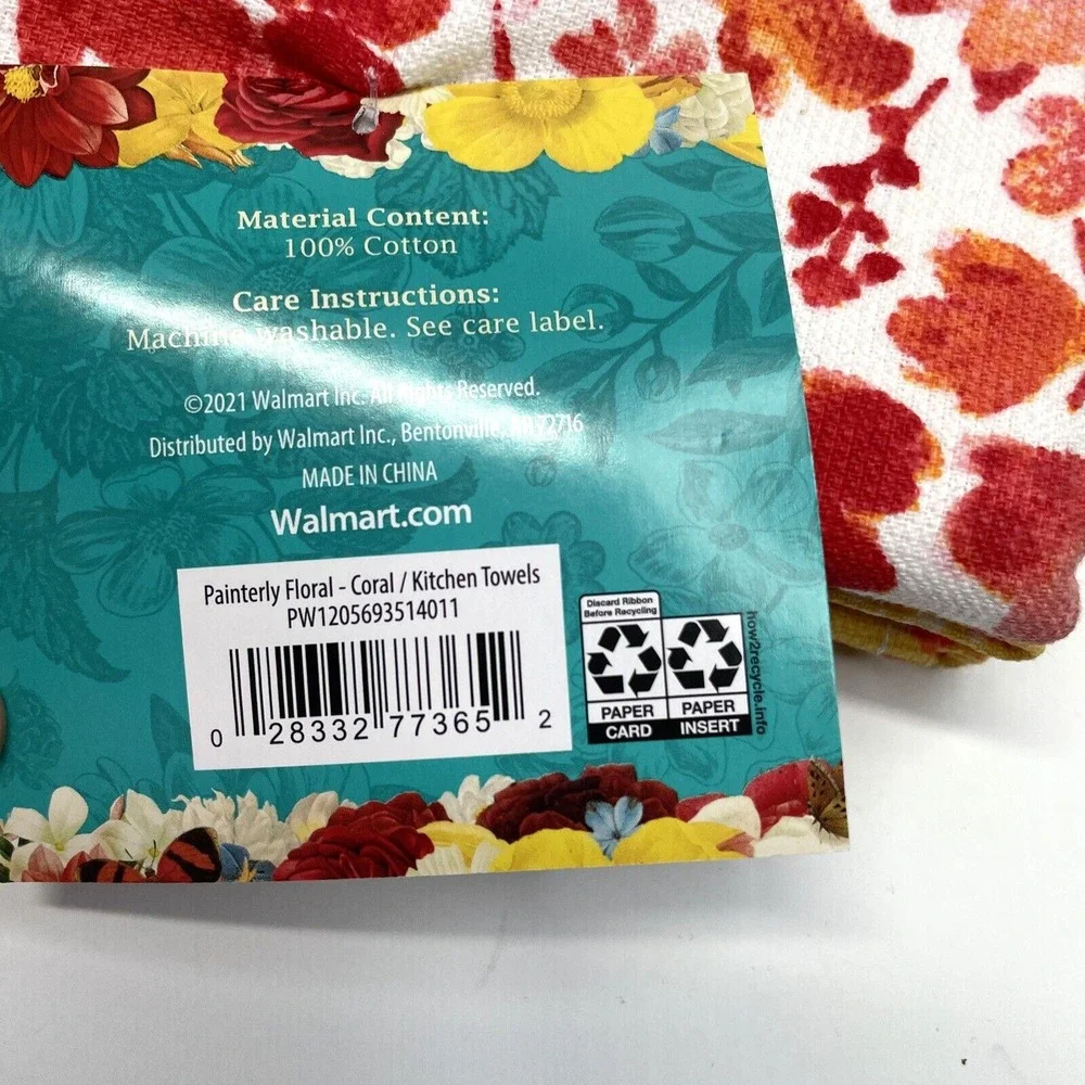 Pioneer Woman Painterly Floral Kitchen Towels Coral/Yellow Set of 2 NWT